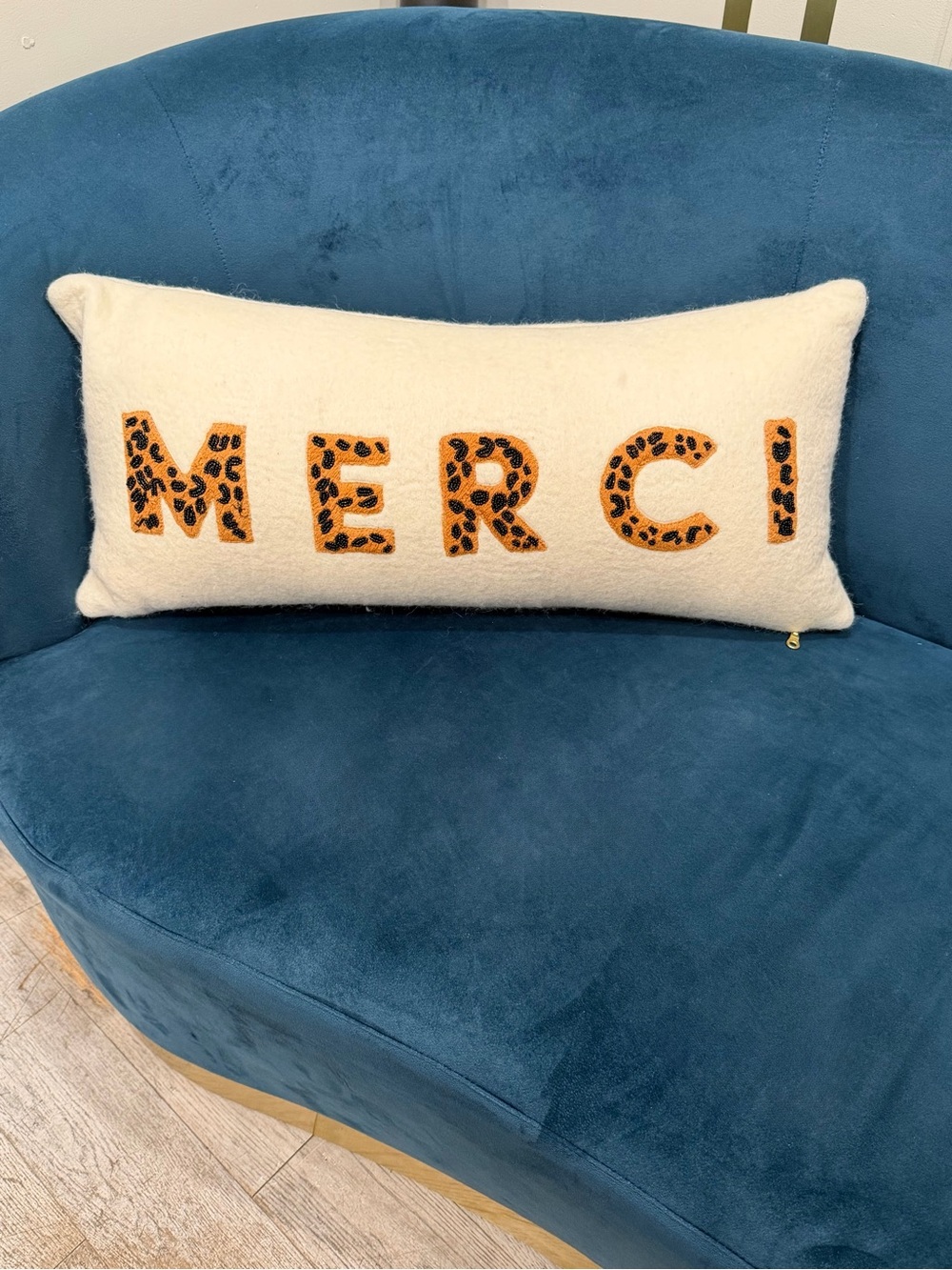 Anthropologie Merci Beaded Leopard Letter Lumbar Pillow Cream Wool 12x27 felted